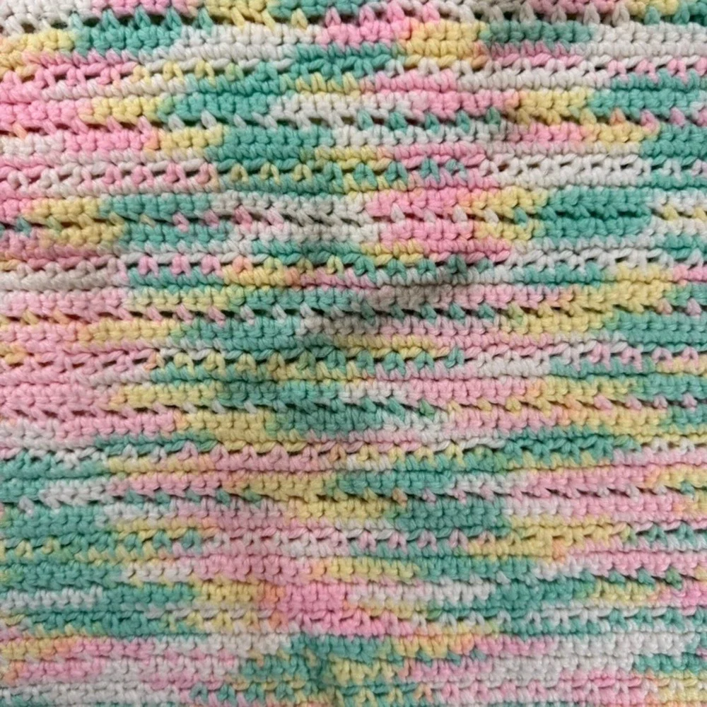 Crochet Baby Blanket Pastel Yellow Pink Green Handmade Knit‎ Afghan